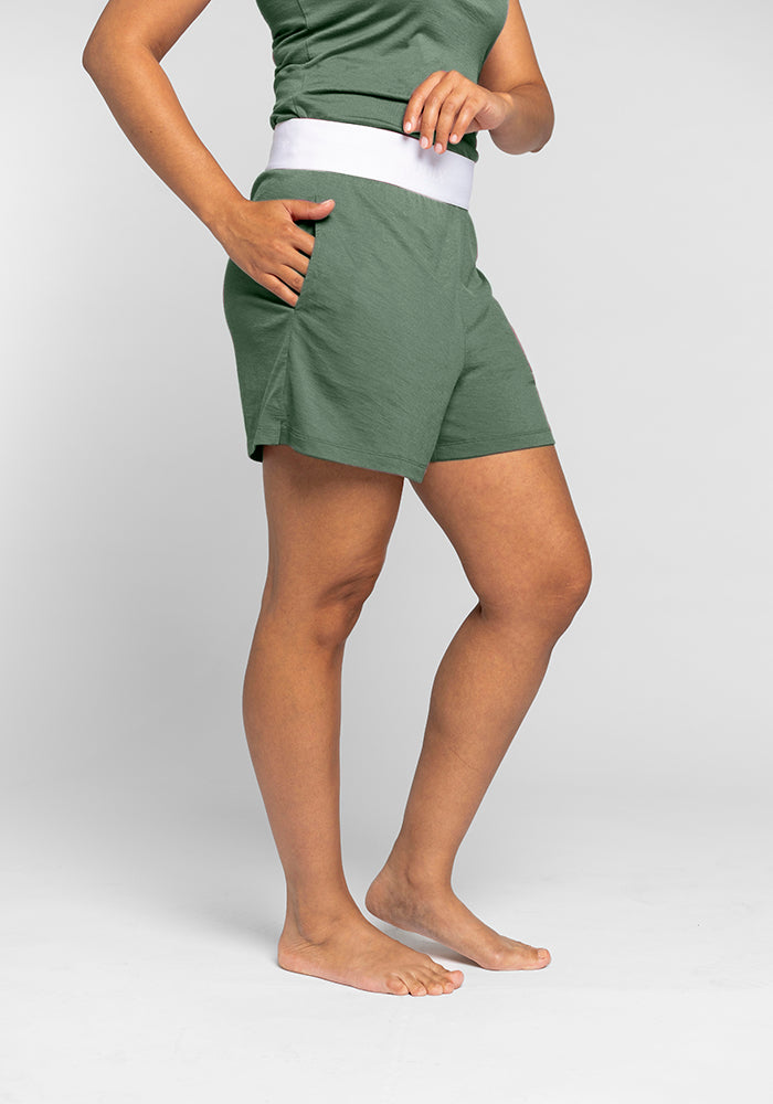 Model wearing Poppy shorts - Duck Green 