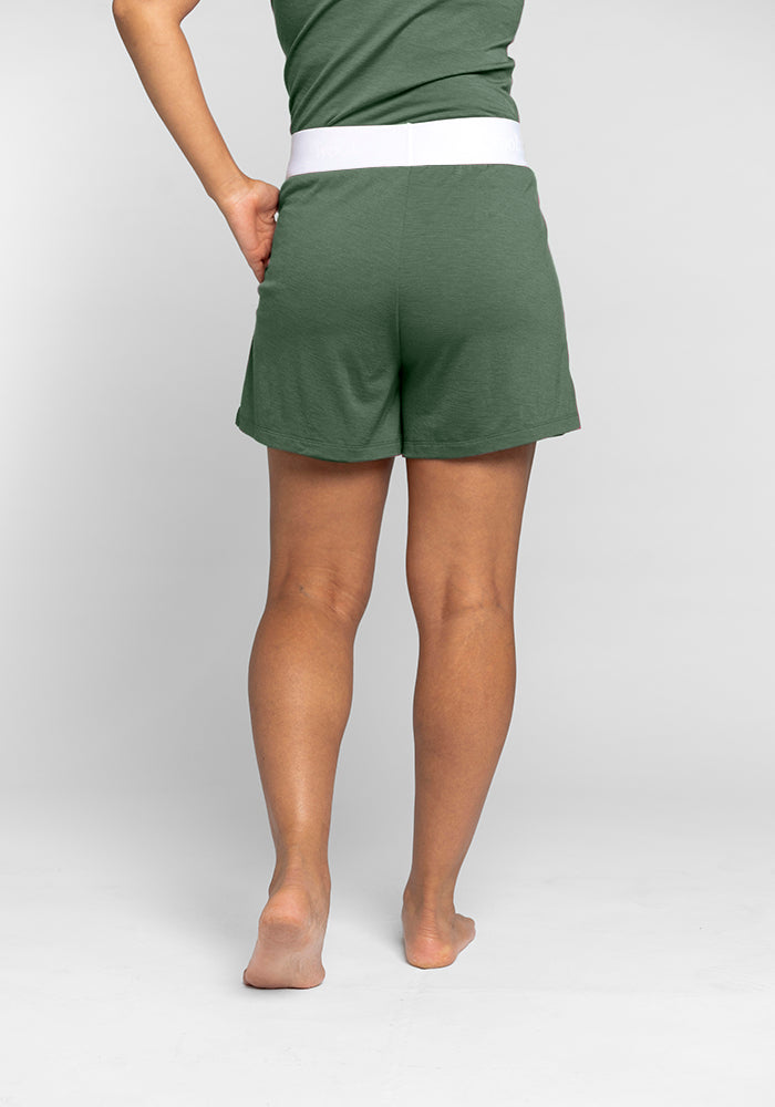 Model wearing Poppy shorts - Duck Green