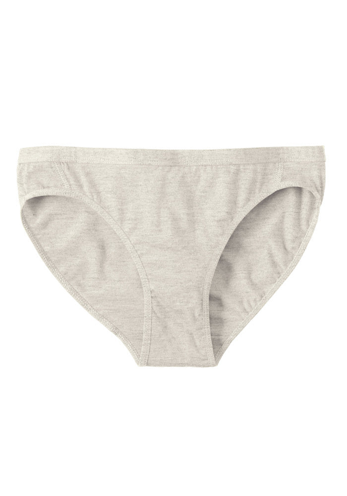 Cream heather bikini-style women's underwear by Woolx shown on a white backdrop. The Roxie Bikini Underwear is made from soft fabric for chafe-free comfort and a classic fit.