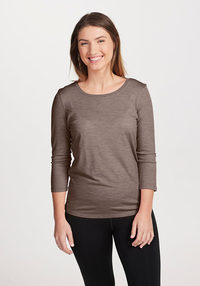 Model wearing Jenny 3/4 Sleeve - Simply Taupe | Liza is 5'8", wearing a size S