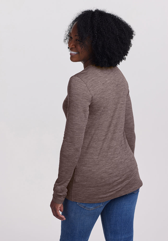 Model wearing Remi long sleeve - Simply Taupe