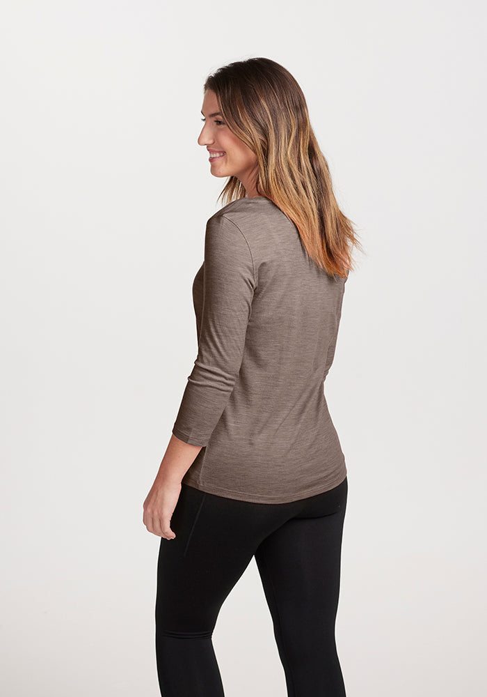 Model wearing Jenny 3/4 Sleeve - Simply Taupe