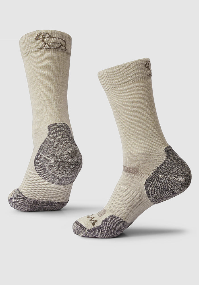 Displayed against a plain white background, the Harbor Crew Sock Light Cushion - Icicle by Woolx is a pair of beige socks made from odor-resistant Merino wool. They feature reinforced gray heels and toes, moisture-wicking properties, subtle embroidered symbols at the top, and textured fabric for enhanced durability.