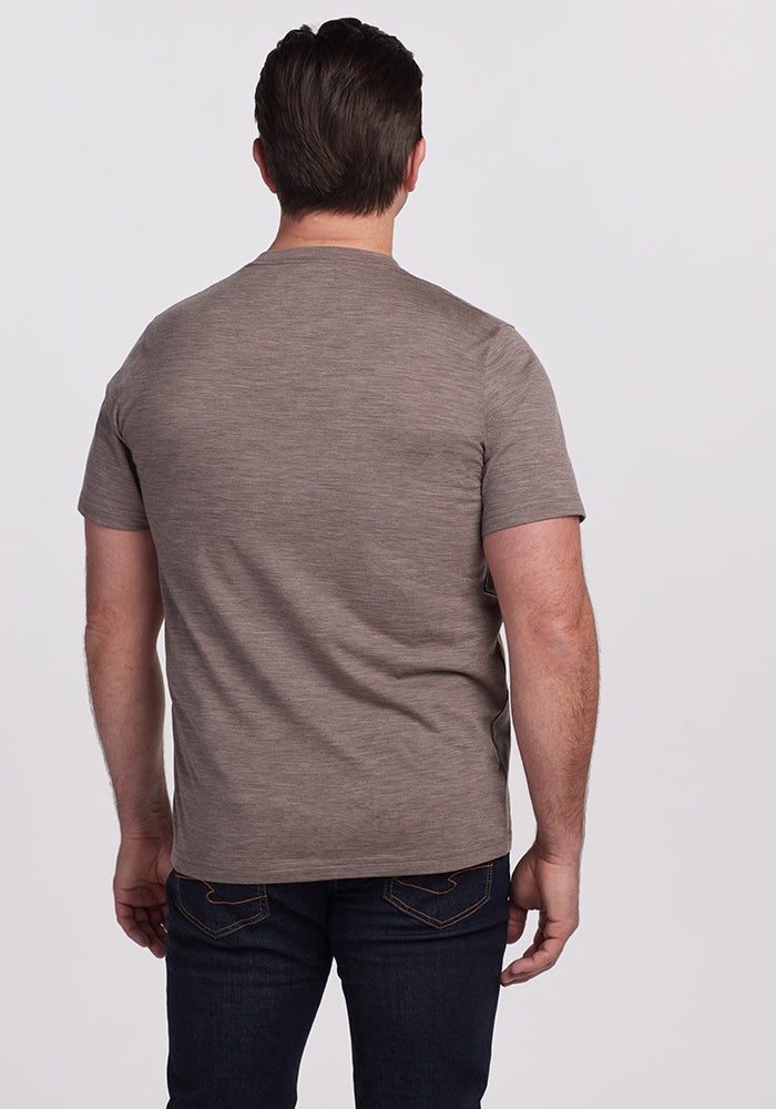 A person with short dark hair, wearing a simply taupe Endurance Tee by Woolx and dark jeans, is shown from behind against a plain white background.