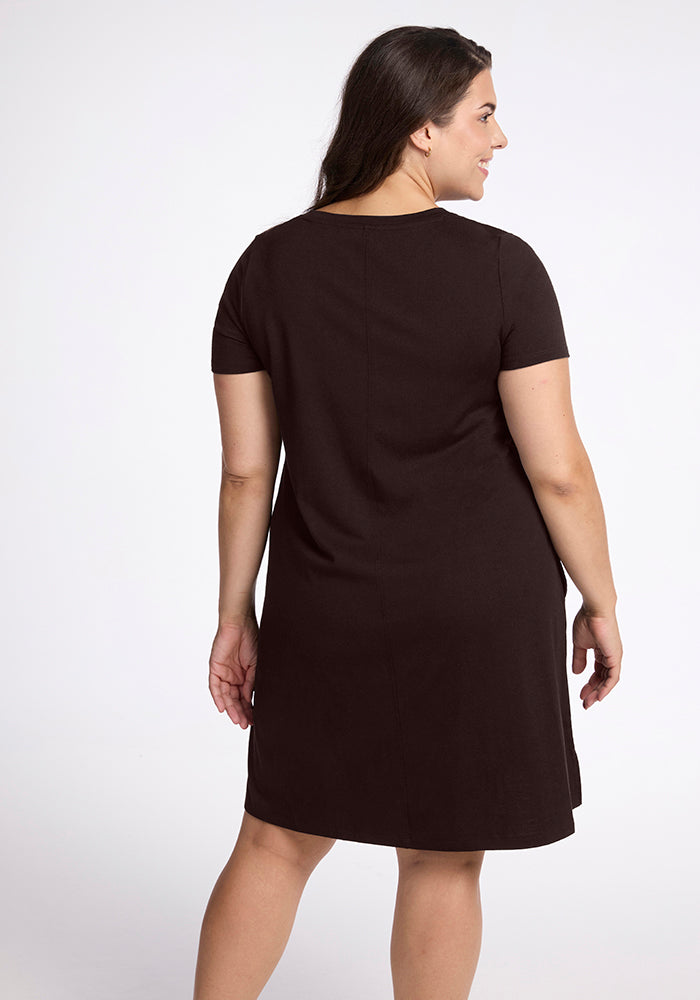 A woman with long dark hair is wearing a stylish Woolx Georgie Dress in French Roast, crafted from soft merino wool. She stands looking to the side with a slight smile, her elegance highlighted against the plain white background in this chic short-sleeved A-line dress.