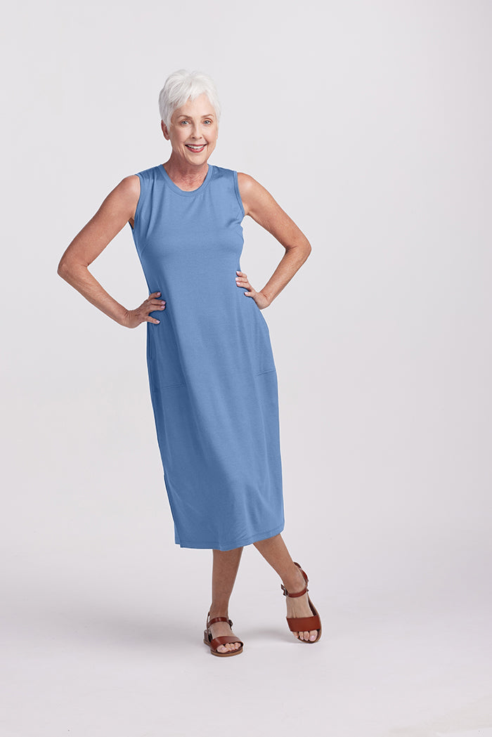 Model wearing Cassie dress - Coronet Blue | Kathy is 5'9", wearing a size S