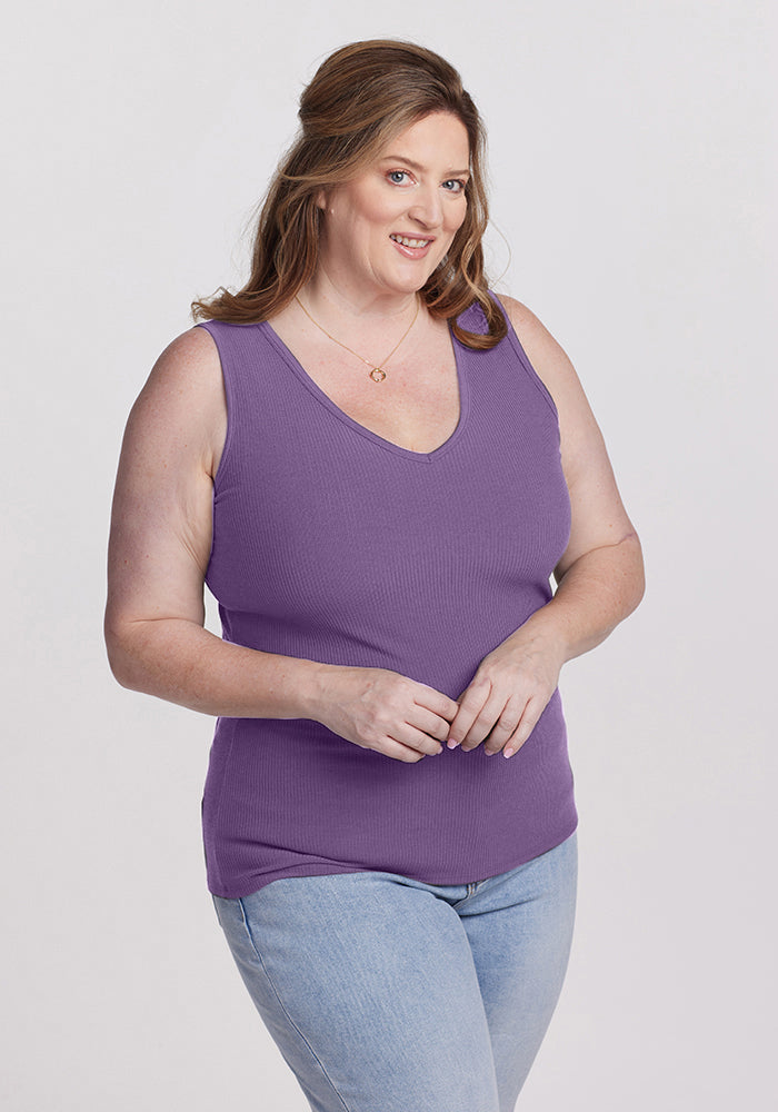 Model wearing Vivi tank top - Montana Grape