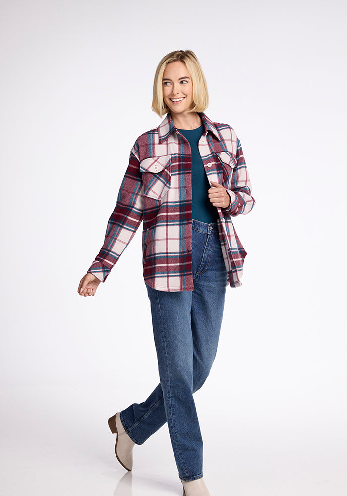 Model wearing Sawyer shacket - Frozen Cranberry Plaid