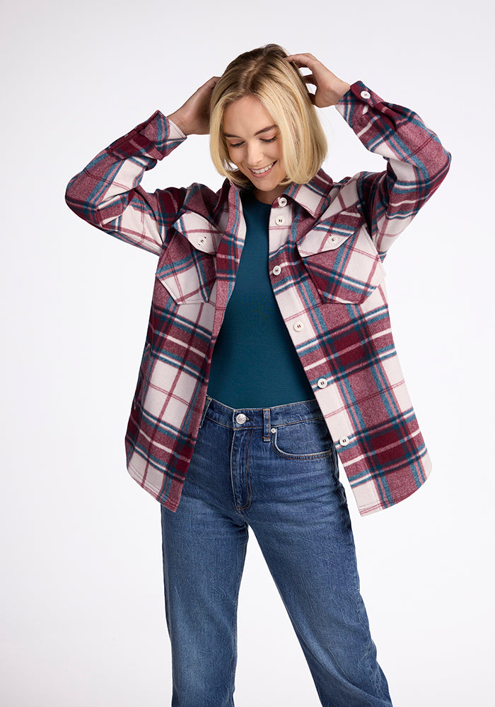 Model wearing Sawyer shacket - Frozen Cranberry Plaid