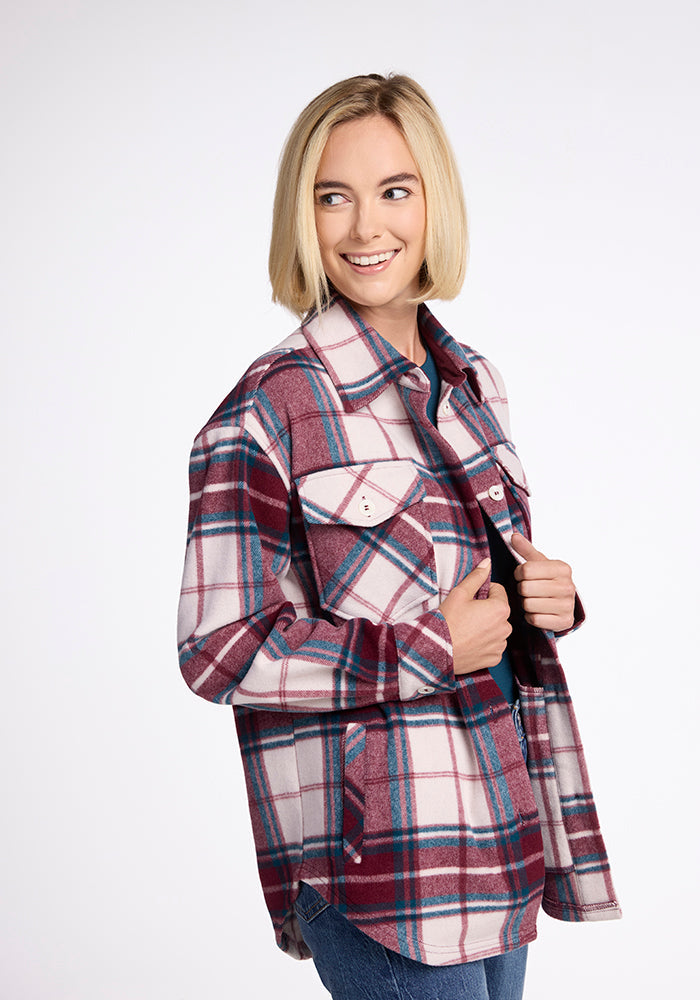 Model wearing Sawyer shacket - Frozen Cranberry Plaid