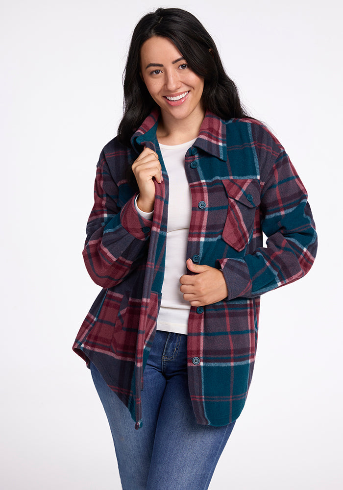 Model wearing Sawyer shacket - Teal Plaid 