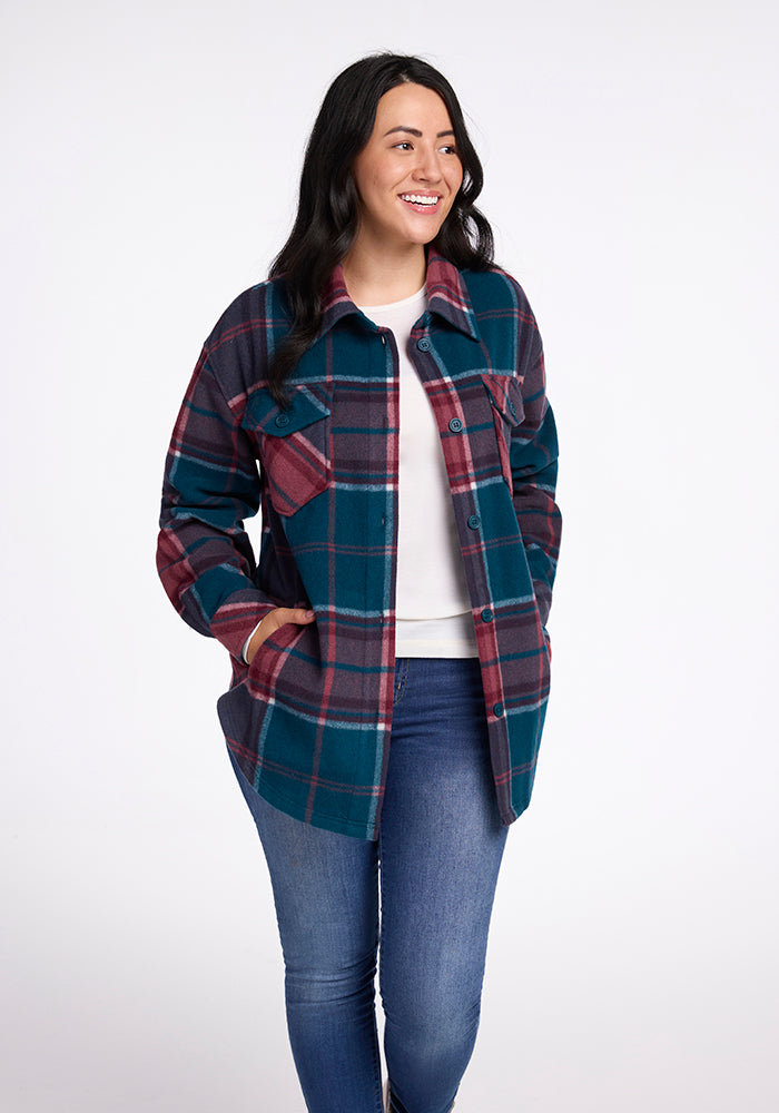 Model wearing Sawyer shacket - Teal Plaid