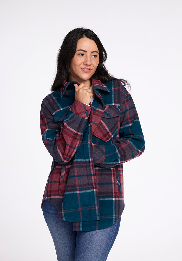 Model wearing Sawyer shacket - Teal Plaid