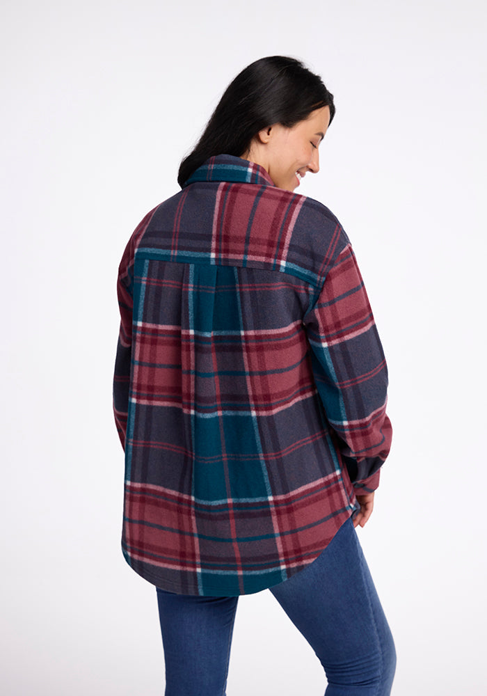 Model wearing Sawyer shacket - Teal Plaid