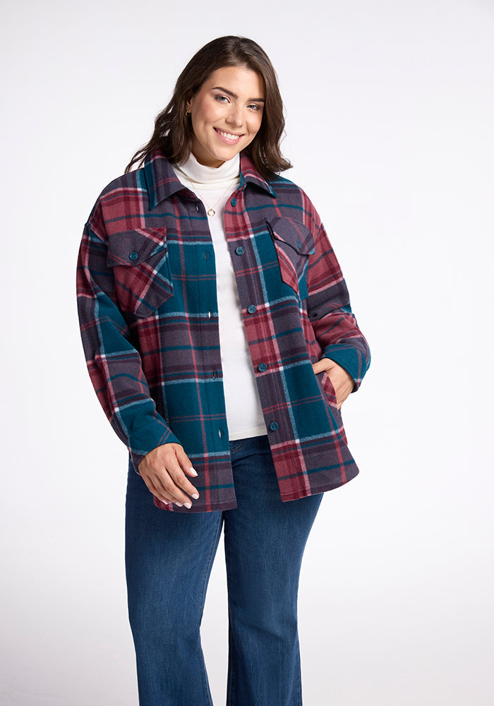 Model wearing Sawyer shacket - Teal Plaid 