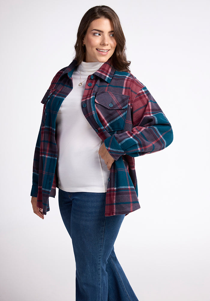 Model wearing Sawyer shacket - Teal Plaid