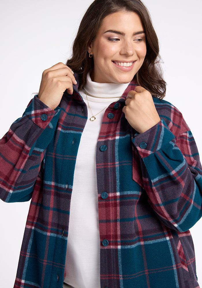 Model wearing Sawyer shacket - Teal Plaid