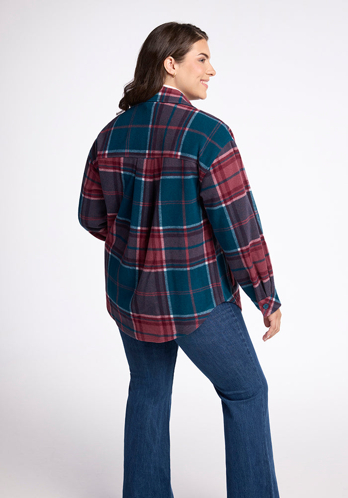 Model wearing Sawyer shacket - Teal Plaid