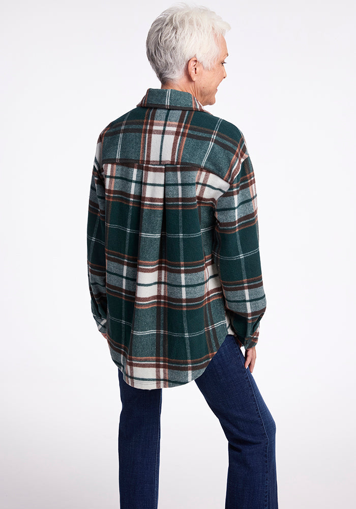 Model wearing Sawyer shacket - Espresso Plaid