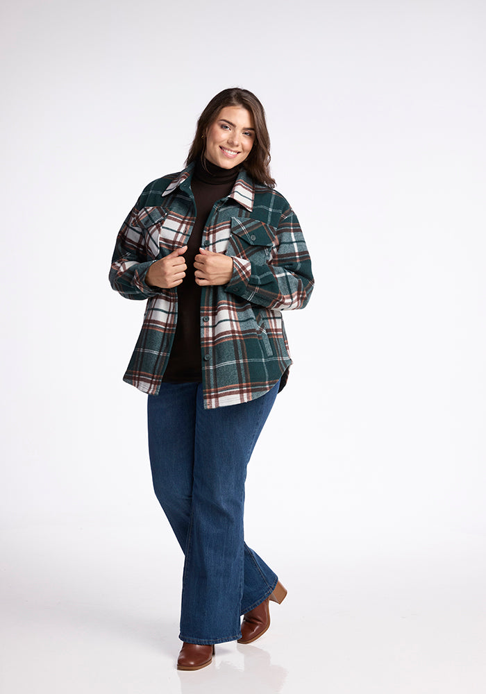 Model wearing Sawyer shacket - Espresso Plaid