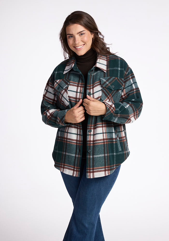 Model wearing Sawyer shacket - Espresso Plaid 