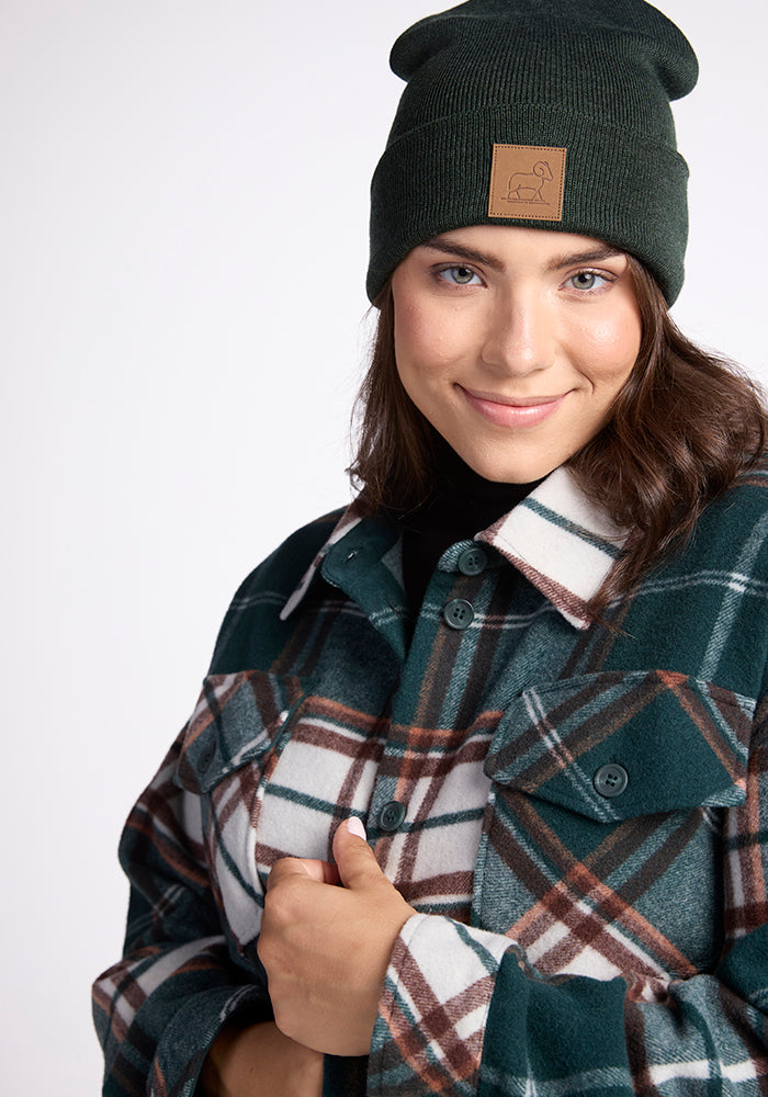 Model wearing Sawyer shacket - Espresso Plaid