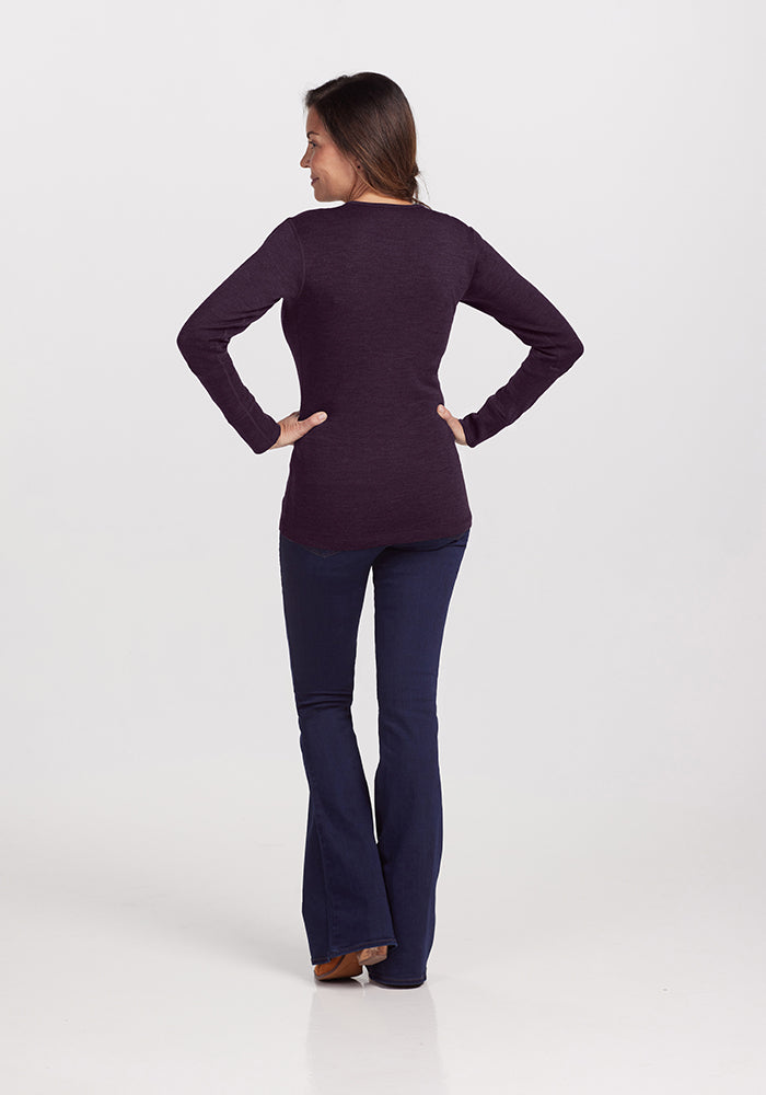 Model wearing Hannah long sleeve - Deep Plum