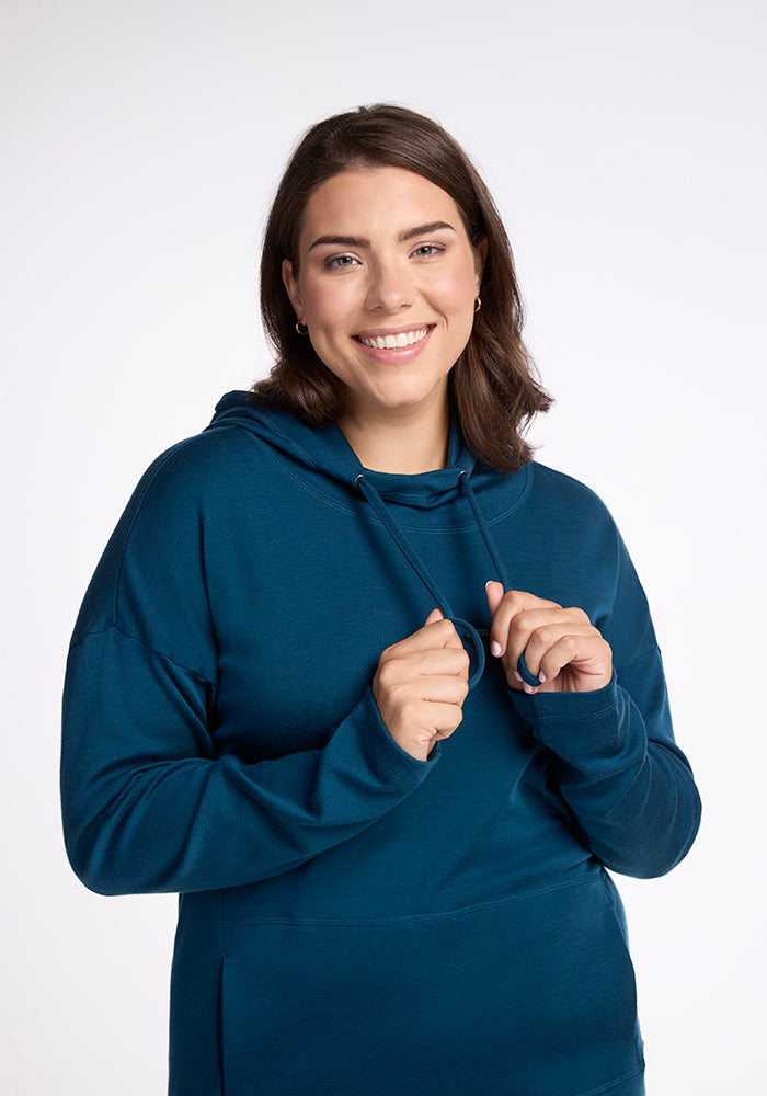 Model wearing Callie hoodie - Real Teal