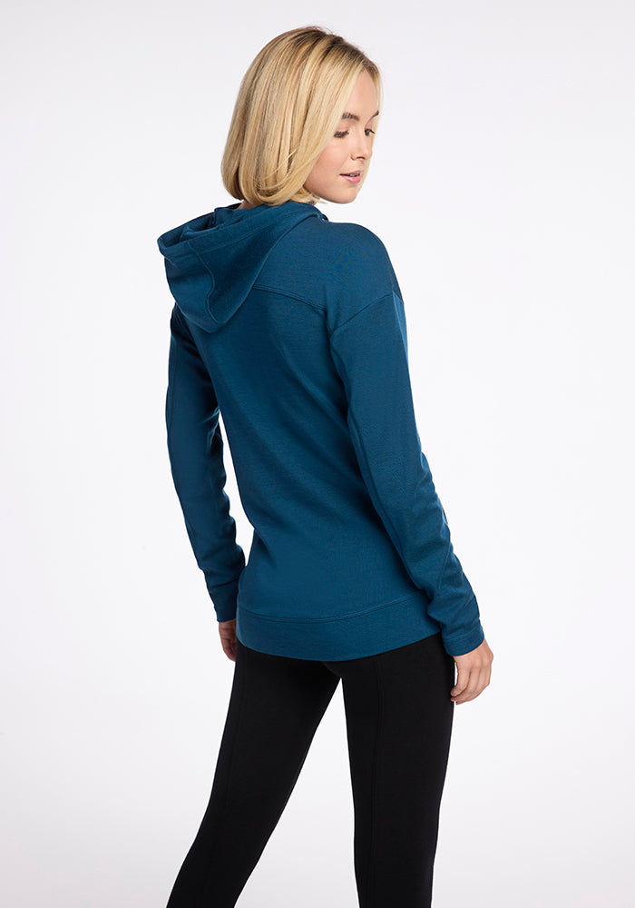 Model wearing Callie hoodie - Real Teal 