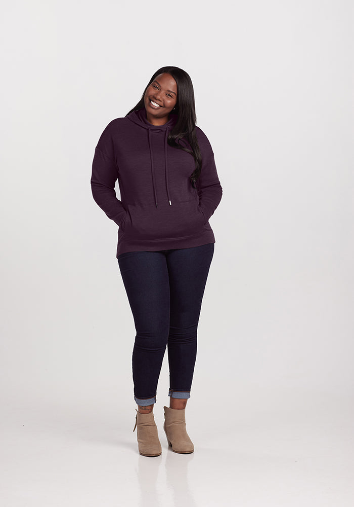 Model wearing Callie hoodie - Deep Plum 