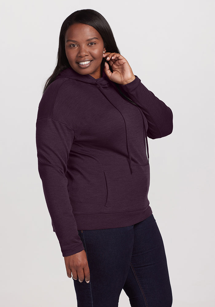 Model wearing Callie hoodie - Deep Plum 