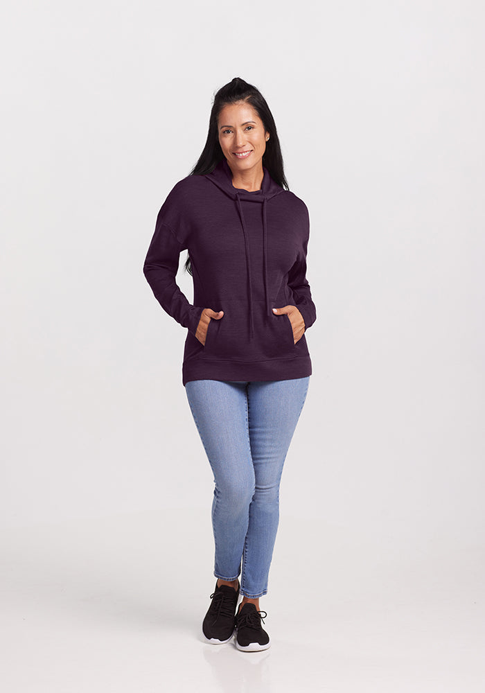 Model wearing Callie hoodie - Deep Plum 