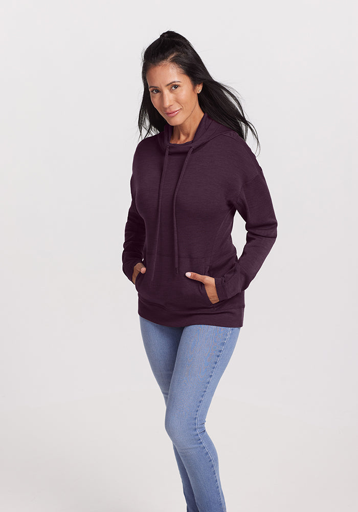 Model wearing Callie hoodie - Deep Plum 