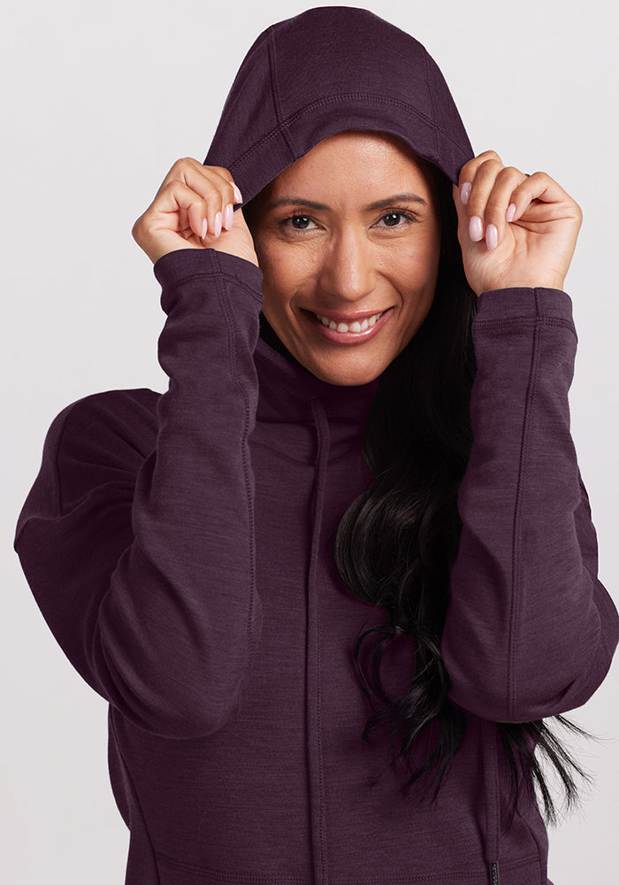 Model wearing Callie hoodie - Deep Plum 