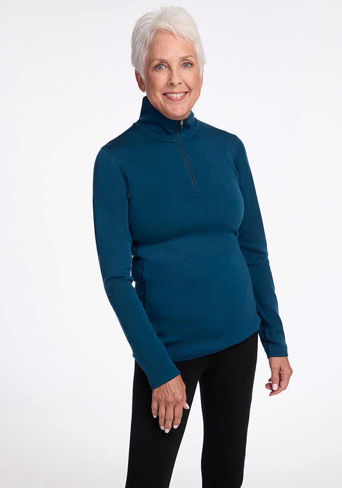 Model wearing Brooke 1/4 zip - Real Teal 