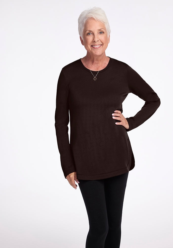 Model wearing Blair tunic - French Roast 