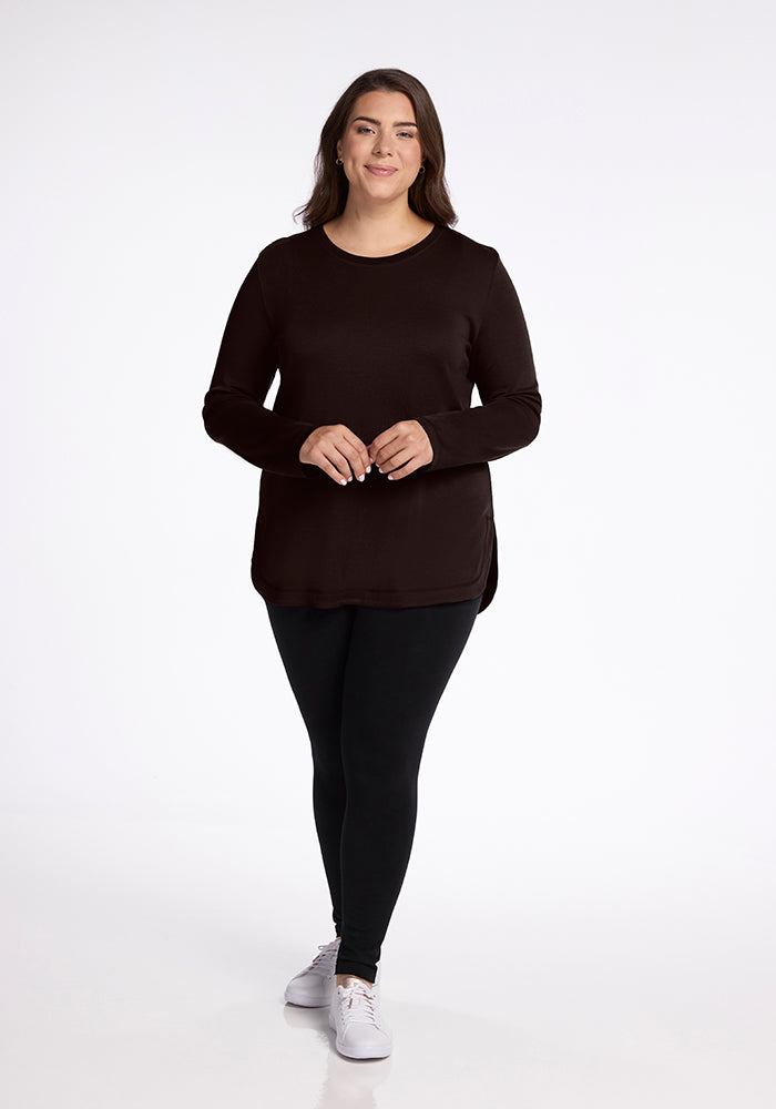 Model wearing Blair tunic - French Roast