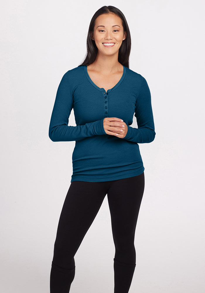 Model wearing Reese top - Real Teal 