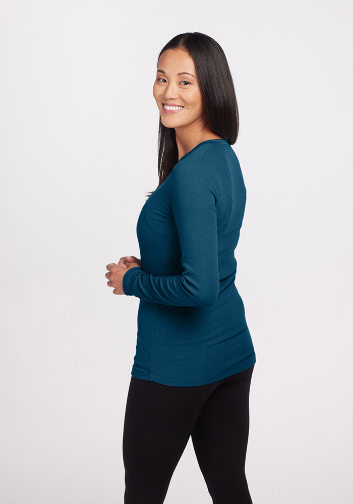 Model wearing Reese top - Real Teal 