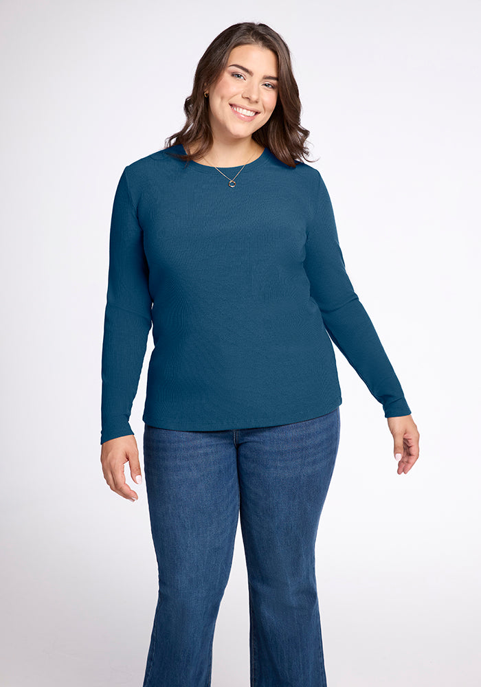 Model wearing Hadley ribbed top - Real Teal 