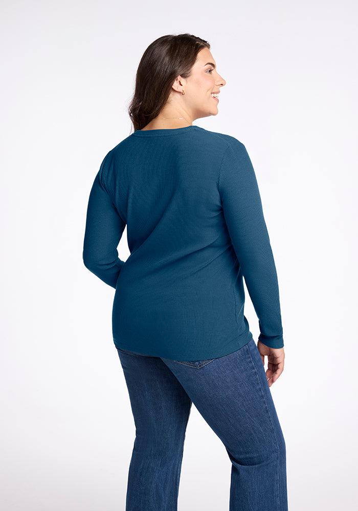 Model wearing Hadley ribbed top - Real Teal