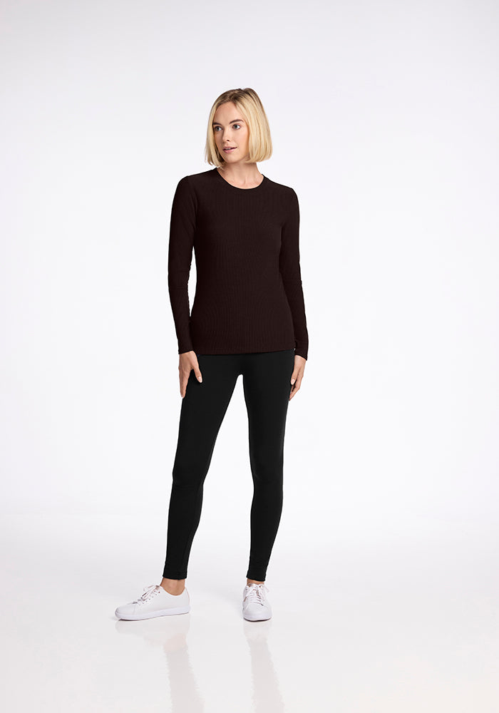 Model wearing Hadley ribbed top - French Roast