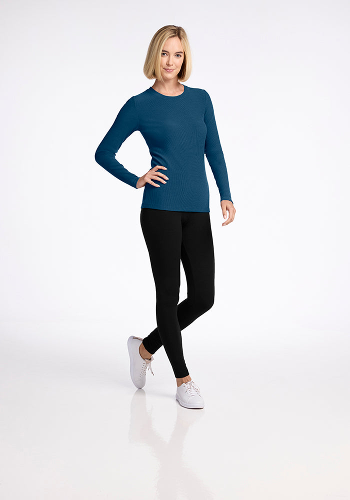 Model wearing Hadley ribbed top - Real Teal