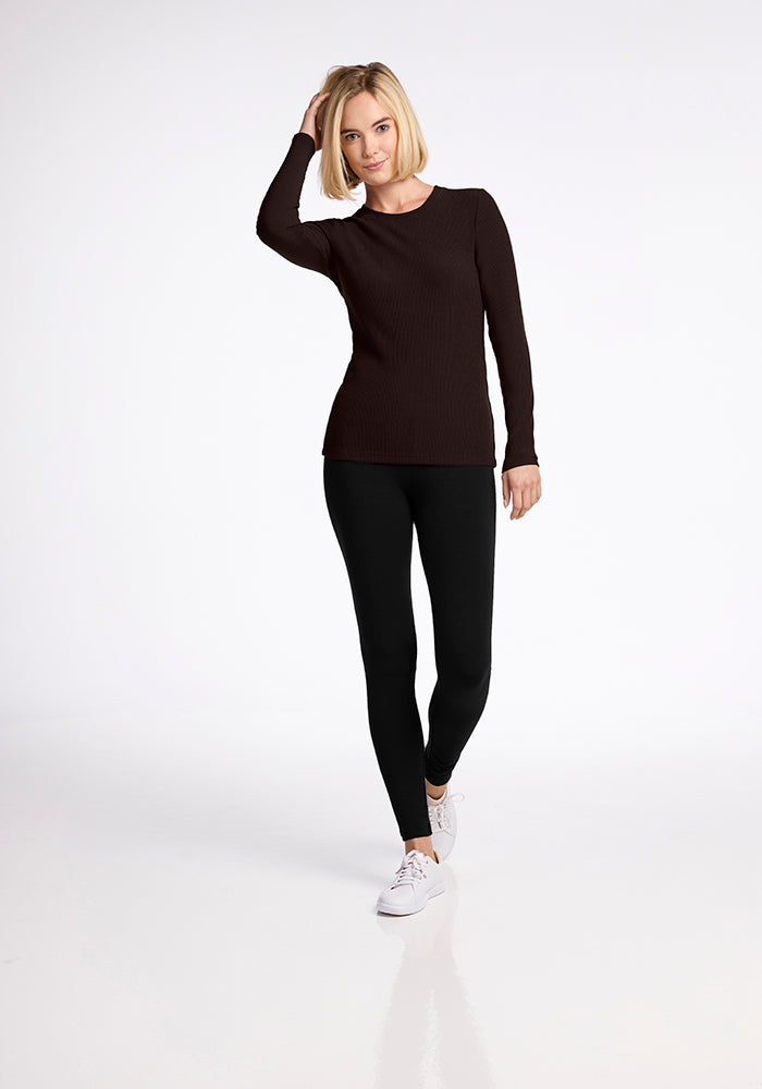 Model wearing Hadley ribbed top - French Roast