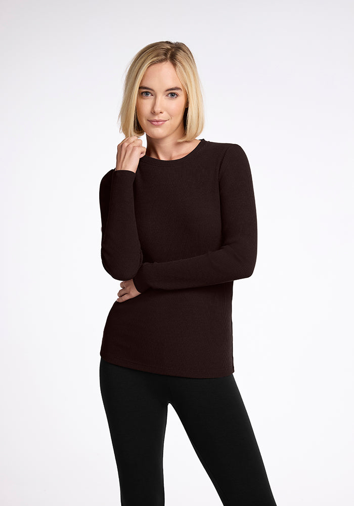 Model wearing Hadley ribbed top - French Roast 