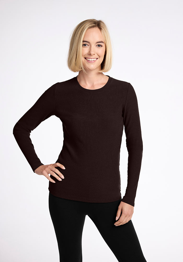 Model wearing Hadley ribbed top - French Roast