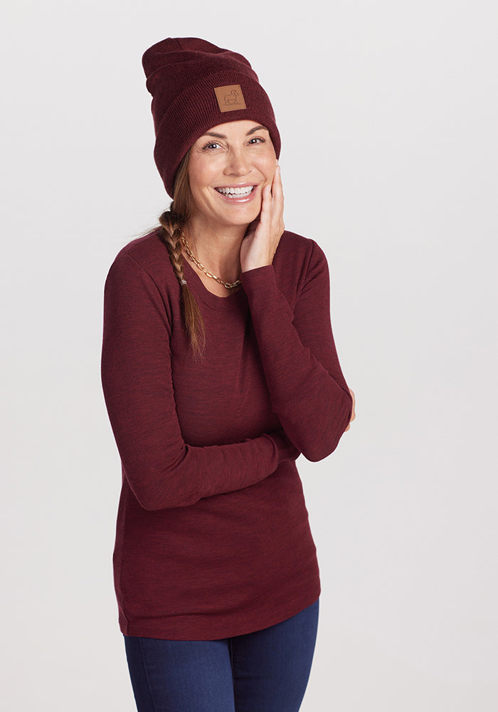 Model wearing Hadley ribbed - Cranberry Melange