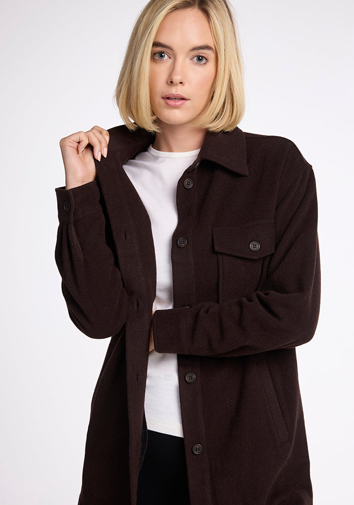 Model wearing Sutton shacket - French Roast 