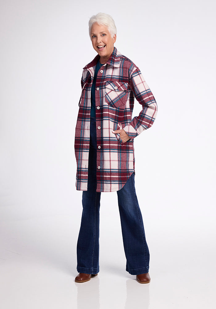 Model wearing Sutton shacket - Frozen Cranberry Plaid