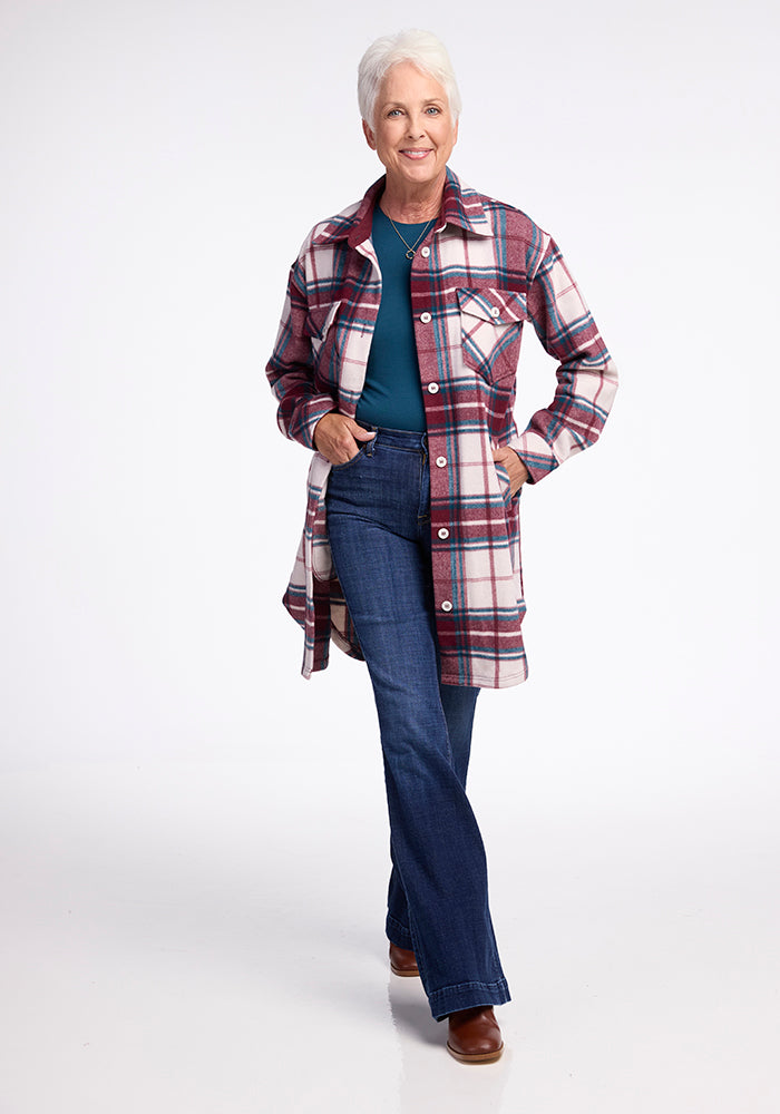 Model wearing Sutton shacket - Frozen Cranberry Plaid